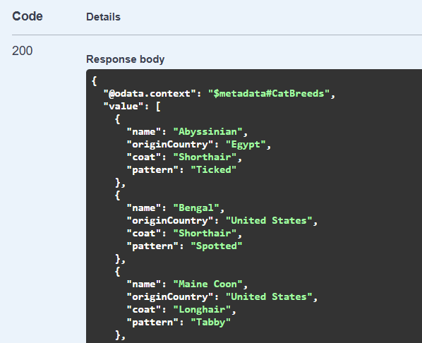 Output of Swagger UI containing data stored by CAP service (Photo by the author)