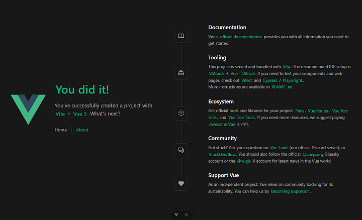 Default landing page ofa blank vue project (Photo by the author)