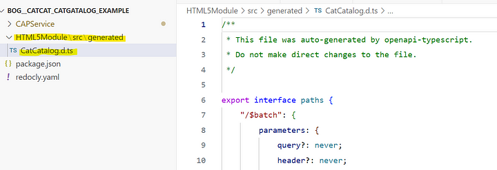 Typescript definition CatCatalog.d.ts created by command npm run transferapidef (Photo by the author)